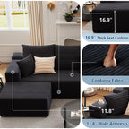 107.5" W Modular Sectional Sofa with Ottoman,Modern Corduroy U-Shaped Cloud Couch with Pillows,Comfy 3-Seater Sofa with Deep-Seat for Living Room, No Assembly Required (Black, Right-Facing Chaise)