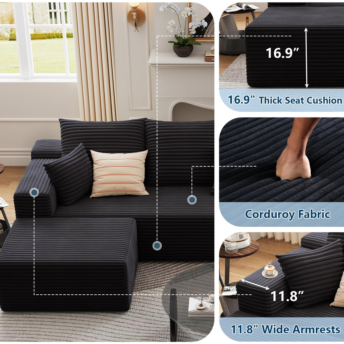107.5" W Modular Sectional Sofa with Ottoman,Modern Corduroy U-Shaped Cloud Couch with Pillows,Comfy 3-Seater Sofa with Deep-Seat for Living Room, No Assembly Required (Black, Right-Facing Chaise)