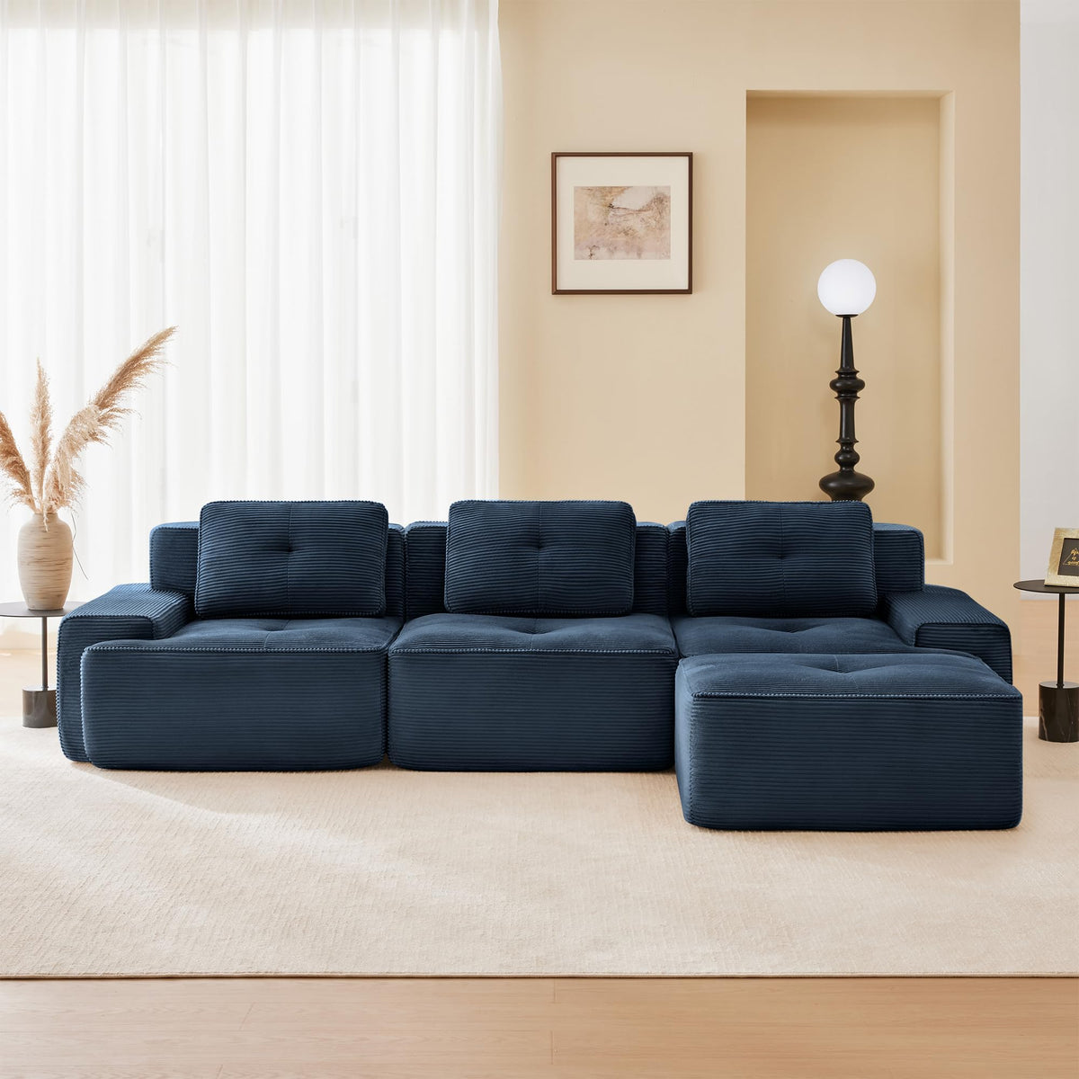 115.3” Camel Boneless Couches for Living Room, Modular Sectional Sofa with L-Shape Chaise, 3 Seater Comfy Upholstered Deep Seat Corduroy Fabric Cloud Couch No Assembly, Anti-Slip Design