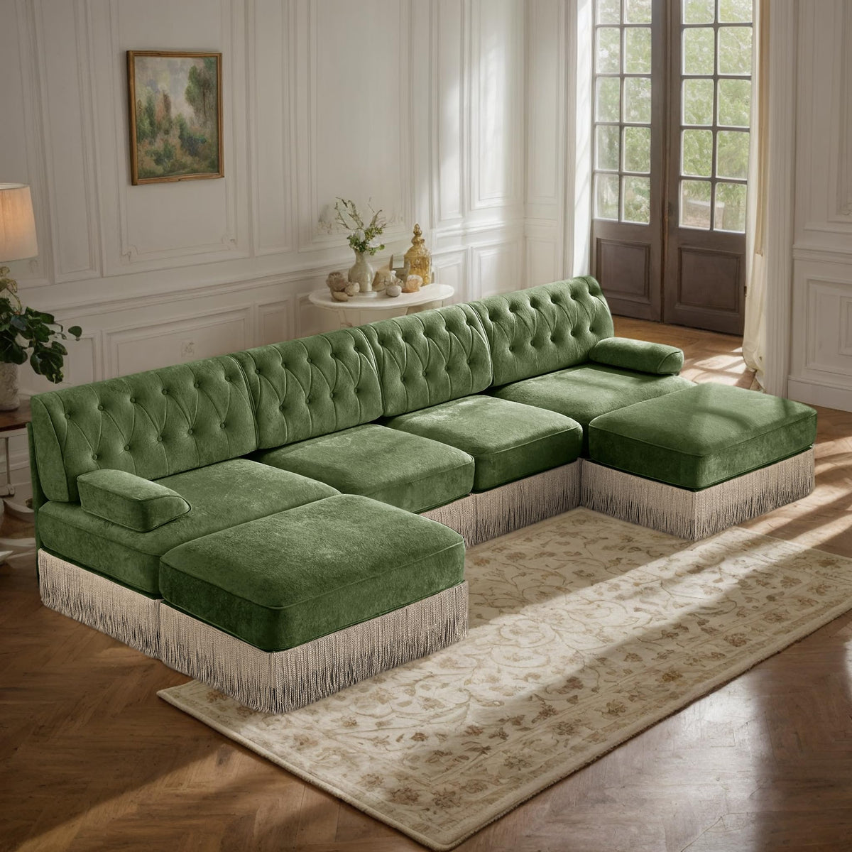 106'' Modern Chesterfield Style 3-Seater Sofa with 2 Ottoman, Upholstered Velvet Modular Sectional Sofa with Button Tufted, U Shape Deep Seat Cloud Sectional Couches for Living Room (Green)