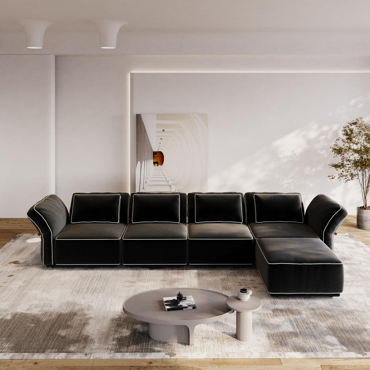 128'' Modular Sectional Sofa, 3 Seater Modern Comfy Boucle Cloud Couch, Oversized Comfy Deep Seat Couches for Living Room, Bedroom, Apartment, Black