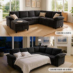109" Modular Sectional L Shaped Sofa with Pull Out Bed, Sectional Sleeper 7 Seat Couch with Storage, Modern Chenille Convertible Sofa Bed, Sectional Couches for Living Room, Black