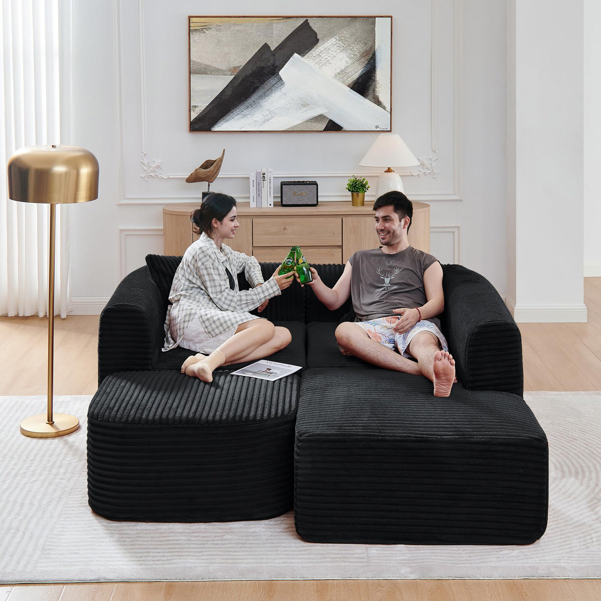 114" Cloud Sectional Couch with L Shape Chaise, Modular Sofa with Movable Ottoman, Upholstered Couches for Living Room Bedroom, No Assembly Required, Black