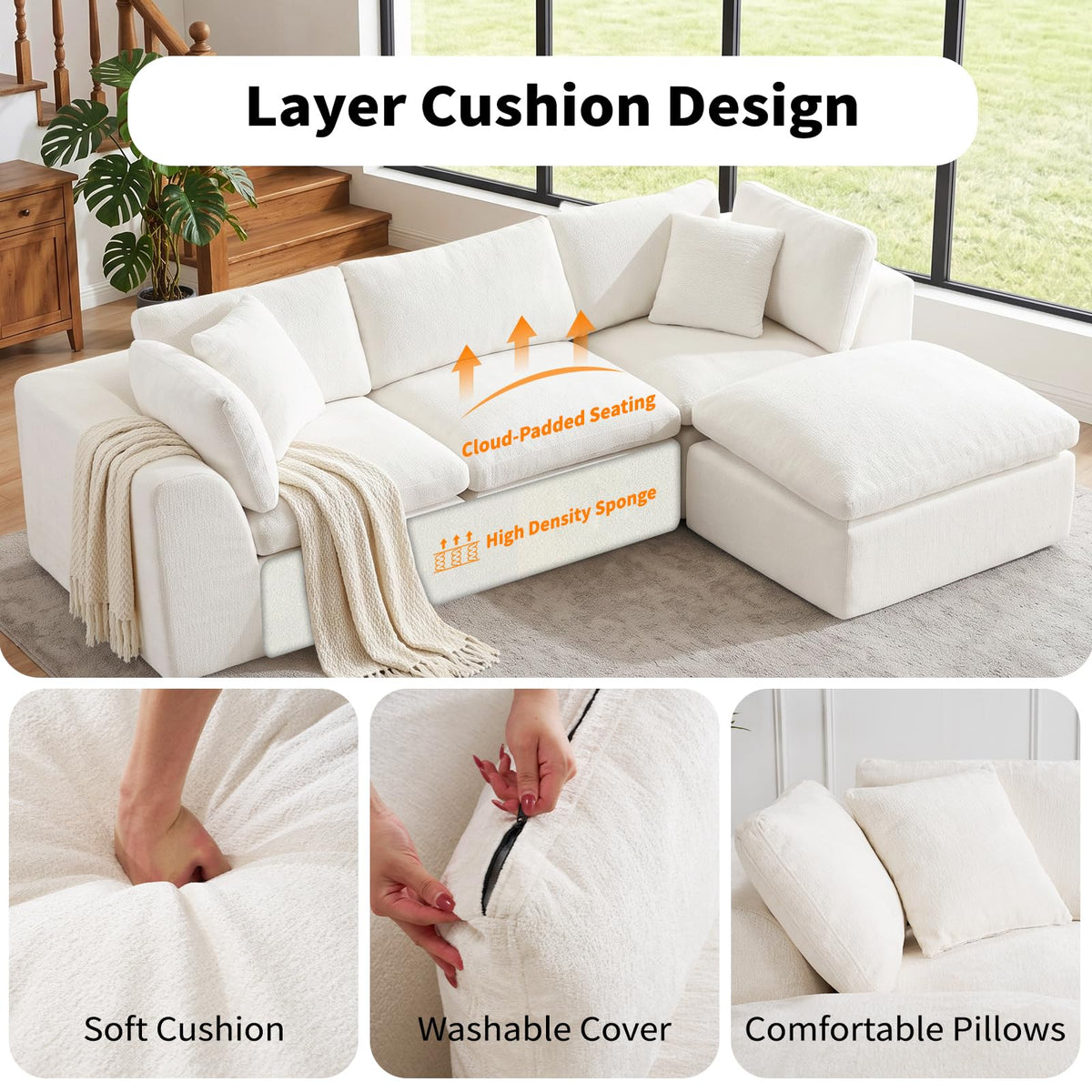 110" Beige Boneless Sectional Couch with Ottoman