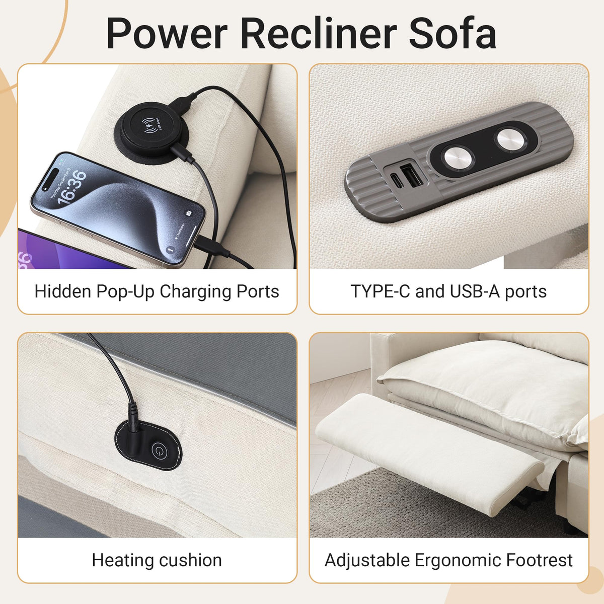 WJShome 116''Oversized Cloud Couch Modular Sectional Reclining Couches for Living Room, Reclining Couch with USB/Type C and Wireless Charging, 3 Seat with Power Recliner Sofa, Beige