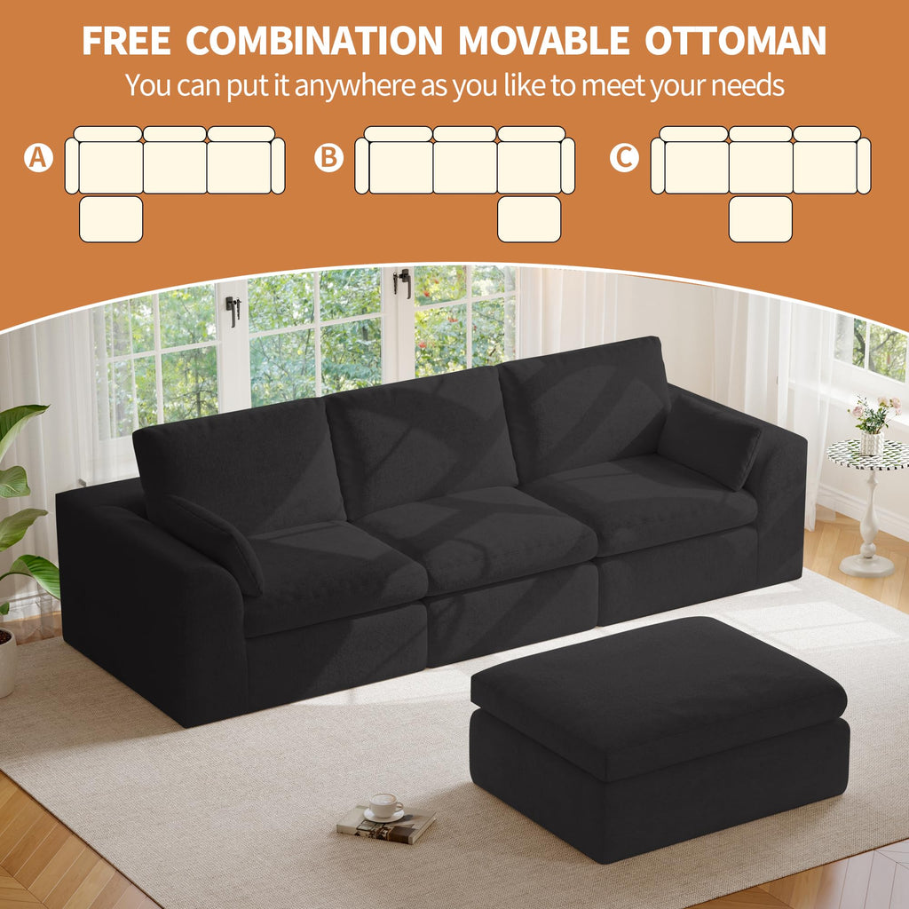108" Cloud Couch Sectional, Ultra Soft Modular Sofa for Living Room, Comfy Deep Seat L Shaped Couch with Ottoman, No Assembly Required, Compressed Memory Foam Cloud-Like Sofa, Black