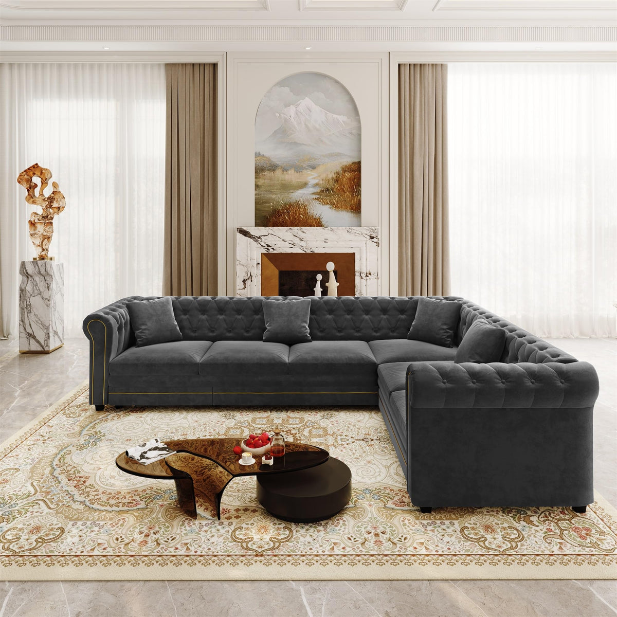115'' Velvet L-Shaped Convertible Button Tufted Sleeper Sofa Couch, Luxury Oversized Pull-Out Sofa Bed with Gold Trim Rolled Arms and Throw Pillows for Living Room