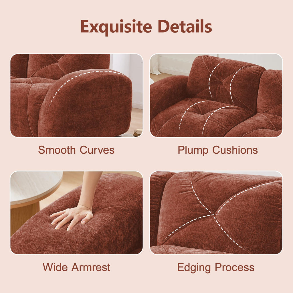 U-Shaped Sectional Sofa with 2 Movable Ottomans, 2-Seater Tufted Velvet Couch, Boneless Cloud Design, 32D High-Density Foam, No Assembly Required, Anti-Slip Bottom for Living Room Bedroom, Red Brown