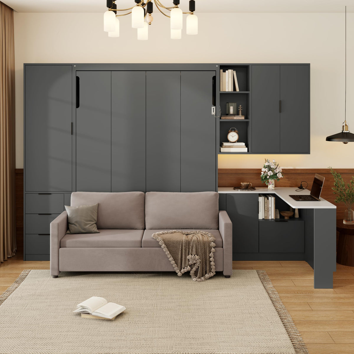 Twin Size Murphy Bed with Open Shelving, Sofa Front and Printed Panel
