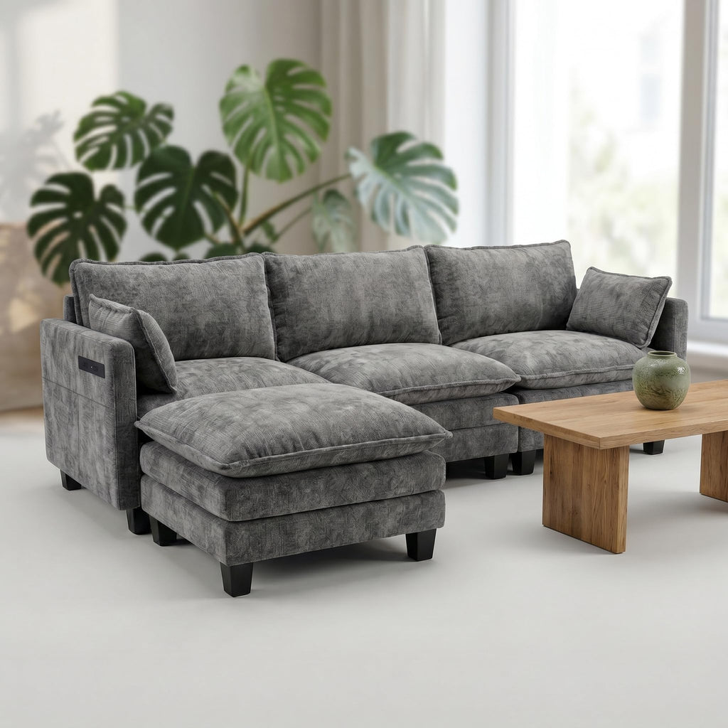 107.9" Modular Chenille Sofa, 3 Seat Cloud Couch with Movable Ottoman, Modern Deep Seat Couch with USB Ports & Side Pockets for Living Room Apartment (Green)