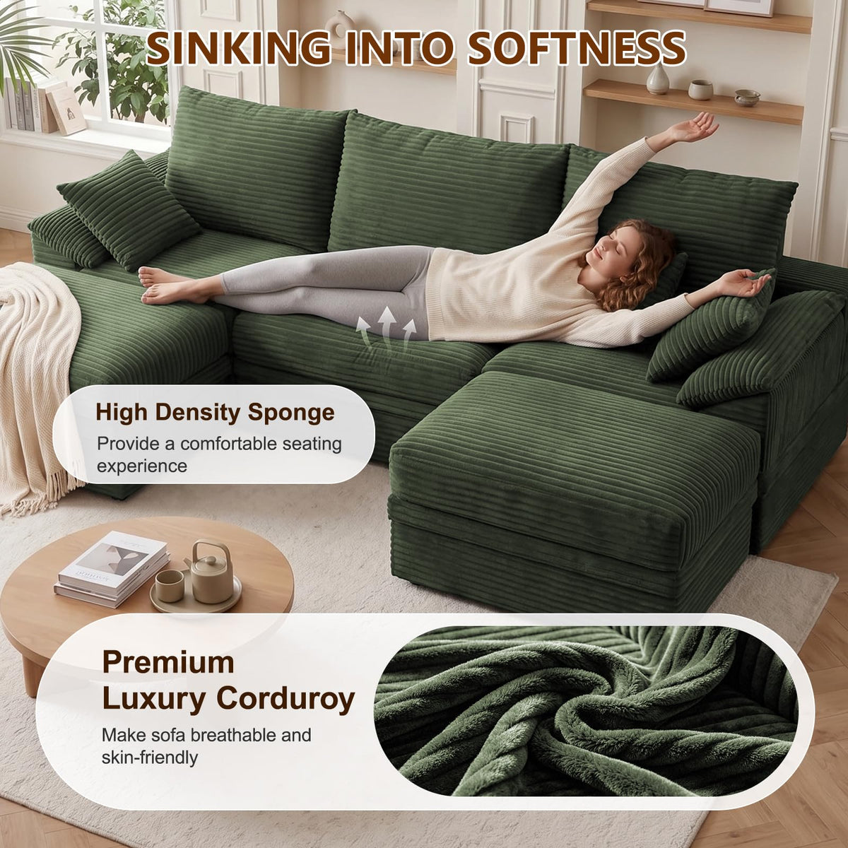 107" Modular Sectional Sofa Boneless Couch with Storage,U-Shape 3 Seat Comfy Modern Cloud Couch Sofa with Ottoman, 27" Deep Seat Corduroy Sofa for Living Room, Tool-Free Assembly - Green