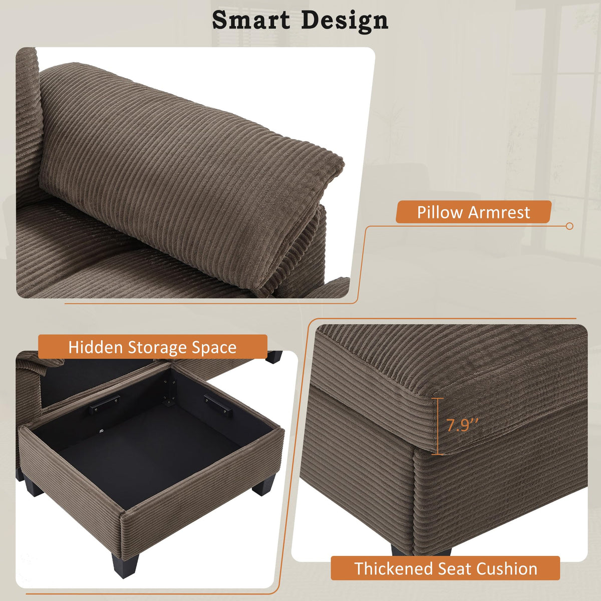 U Shaped Sofa 116.9" Sectional Sofa Corduroy Upholstered Sofa Couch with Storage Ottomans, Cup Holders and USB Ports for Living Room, Brown