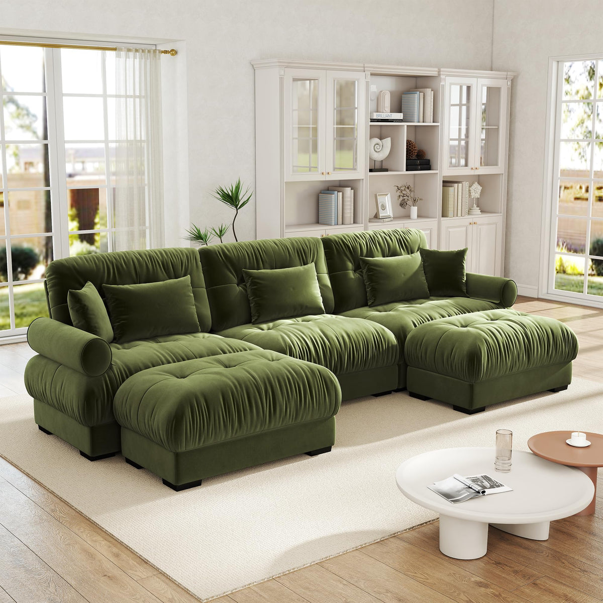 Velvet Modular Sectional Sofa,130" W Oversized U Shape Cloud Couch with 2 Ottomans,Free Combined 3 Seater Comfy Sofa with Bolster Armrest Pillows,Green for Living Room