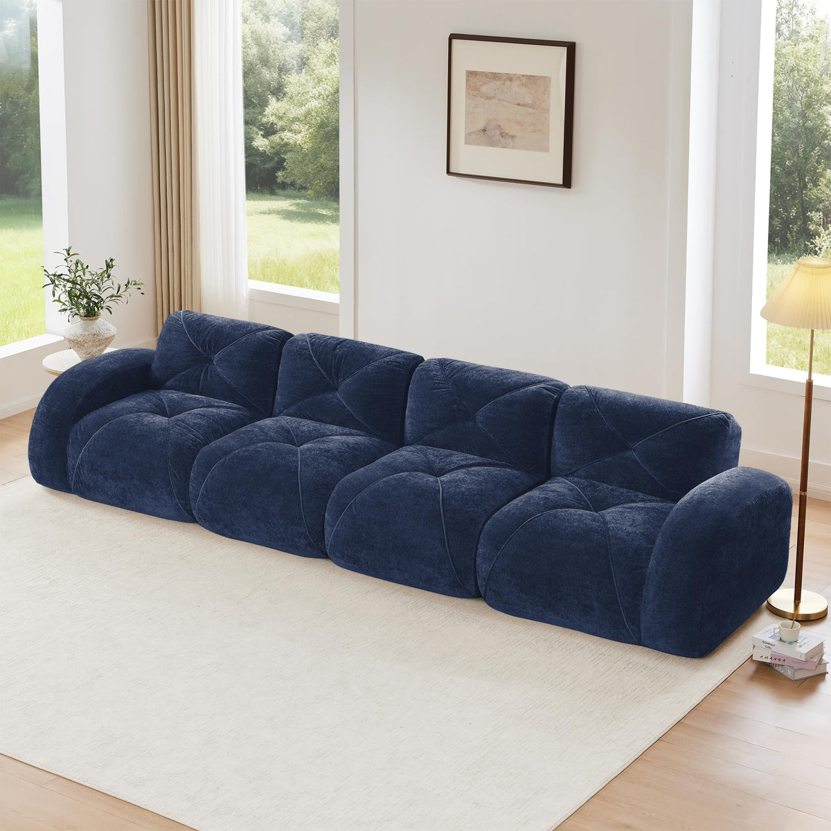 U-Shaped Boneless Sofa, Tufted 32d High Density Sponge Bottom, Anti-Slip Design, No Assembly Required, Free Combination, Movable Ottomans for Living Rooms, Home Theater, Blue