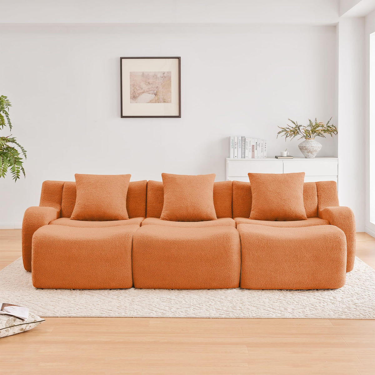Three Seat Boneless Sofa Fabric,No Assembly Required Curved armrest Anti Slip Ergonomic Design, Assembly Chaise 32D High Density Sponge Living Rooms Media Rooms,Orange ES326