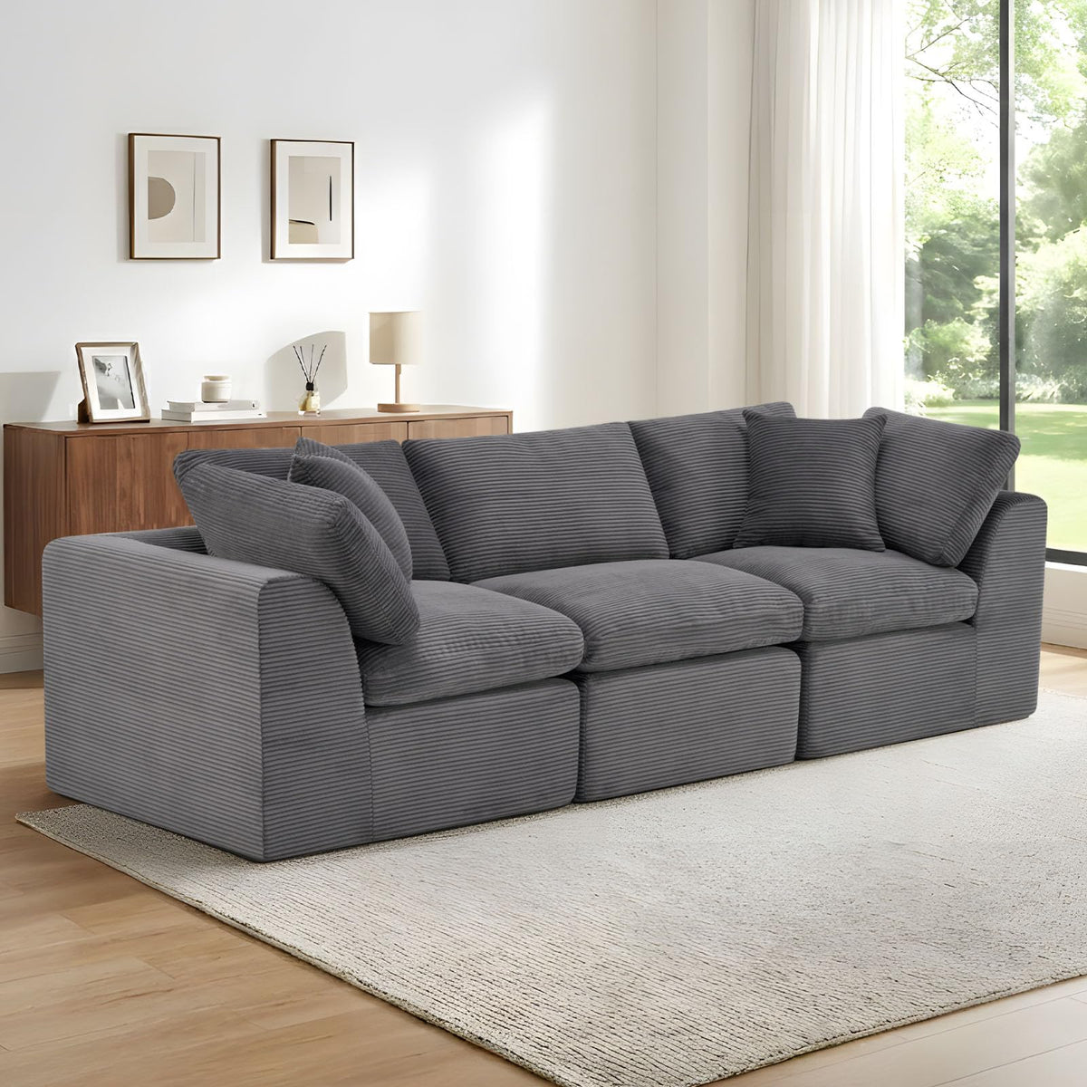110" Beige Boneless Sectional Couch with Ottoman