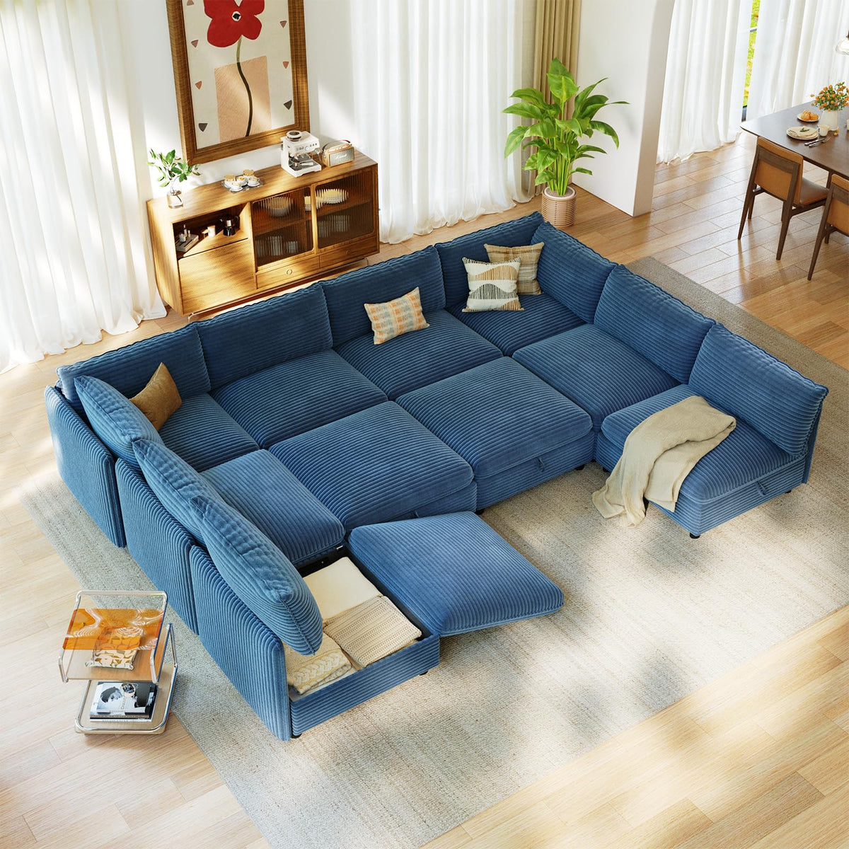 10 Seat Oversized Modular Sectional Couch Bed with Hidden Storage and Movable Ottomans Corduroy Upholstered Deep Seat for Sectional Couches for Living Room Bedroom, Blue