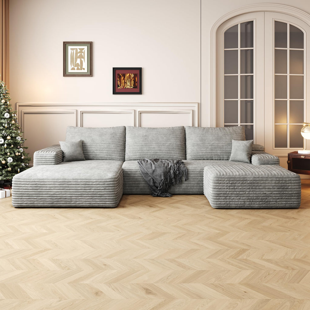 107" Plush Corduroy Deep Seat Chaise Lounge Indoo, Modern Boneless Compressed Floor Sectional Sofa with High-Resilience Foam, Free Combination Modular Cloud Sectional Sofa for Living Room, Grey