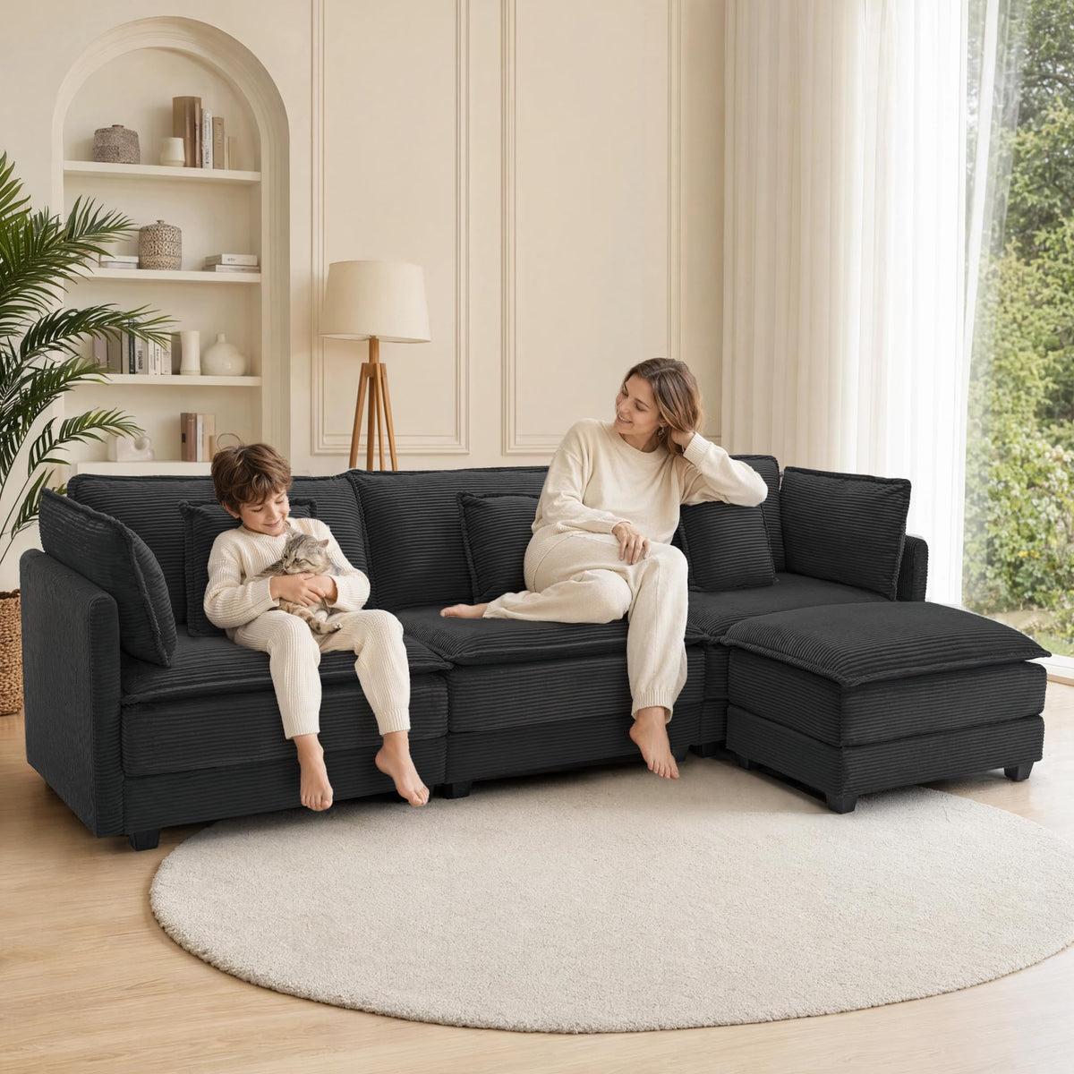 113" Modular L-Shaped Sectional Sofa with Movable Ottoman, 4-Seat Corduroy Modern Cloud Couch with Deep Seat and Pillows, Sofa Set for Living Room, Apartment and Bedroom, Black