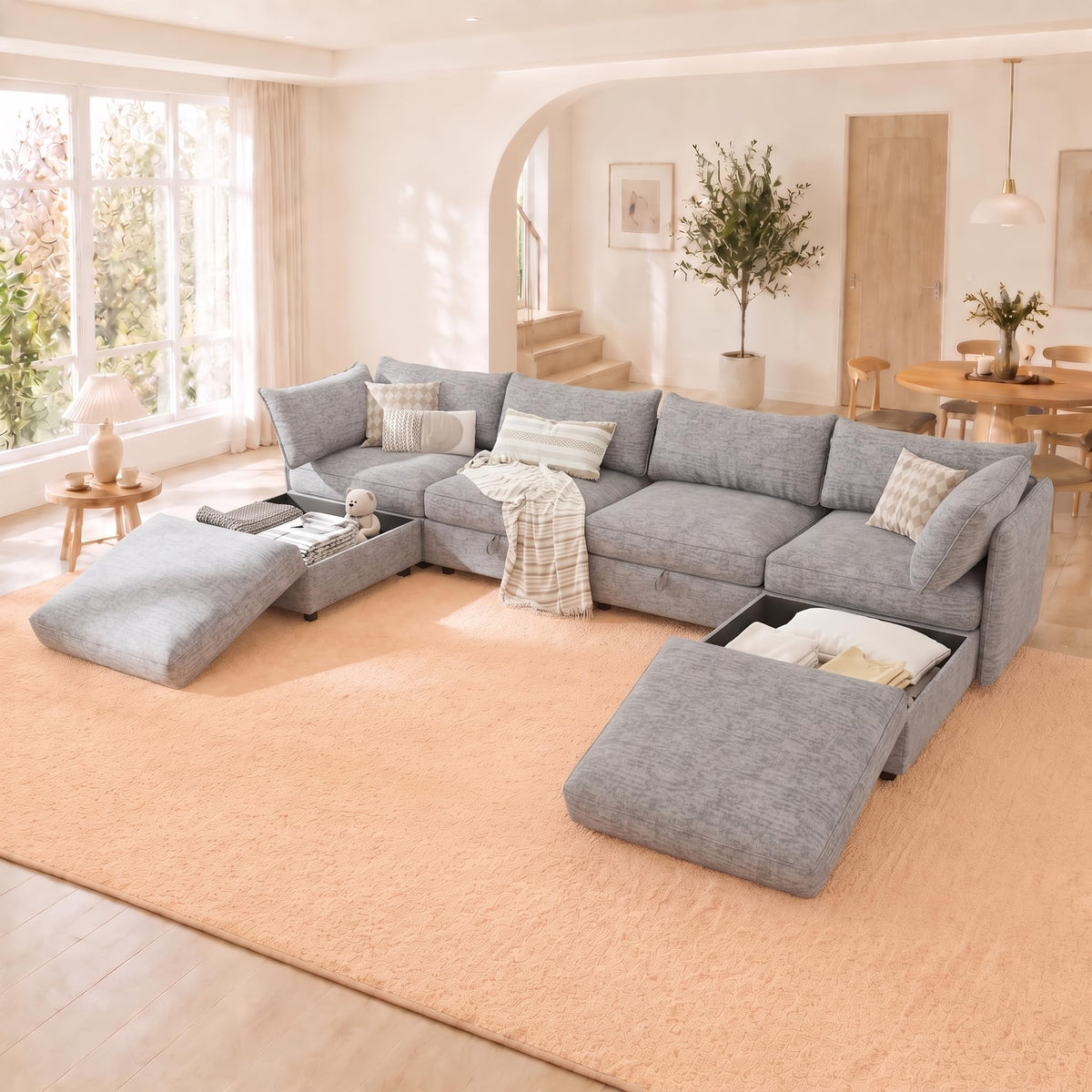127'' Modular Sectional Sofa,FSC Certified 6 Seater Sectional Sofa,Chenille Couch with Removable Washable Covers,Modern Couch with Ottoman,U Shaped Couch with Storage,Beige Couches for Living Room