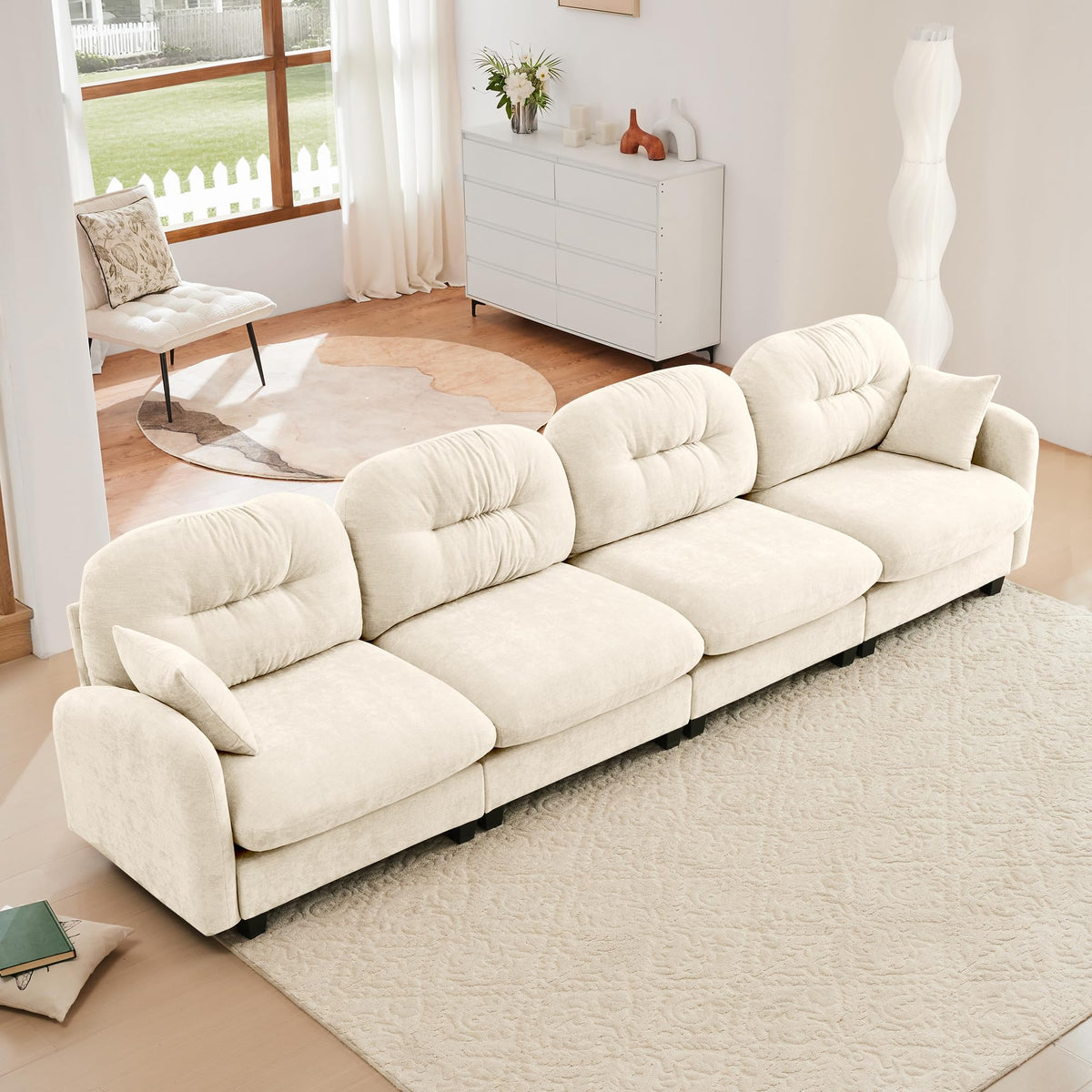 Tidyard Four-Seater Modular Sectional Couch in Beige, Premium Chenille Fabric with Tufted Backrest, Includes 2 Throw Pillows, Easy Assembly for Living Room, Bedroom or Reading Nook