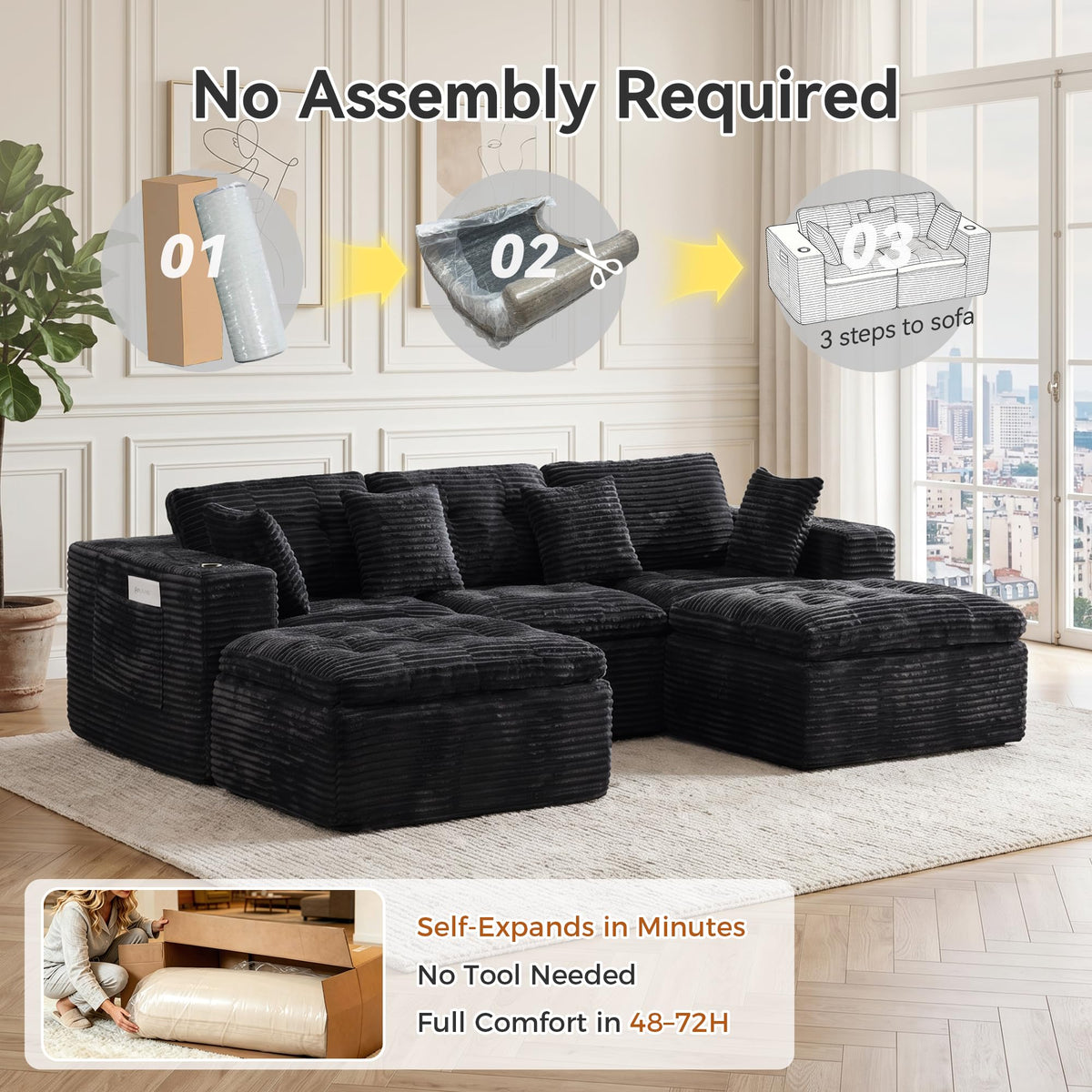 108.08" Boneless Sectional Couch, Modern U Shaped Modular Sectional Sofa Corduroy Upholstered for Living Room Oversized Deep Seat Cloud Couch with 2 Ottoman, No Assembly, Black