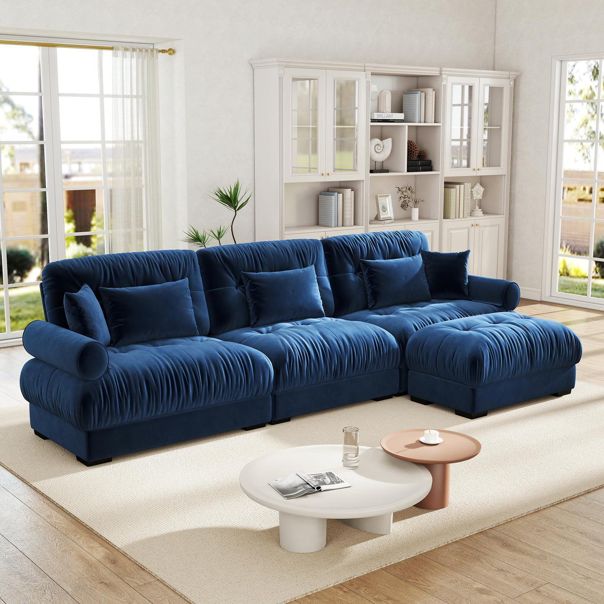 Velvet Modular Sectional Sofa,130" W Oversized U Shape Cloud Couch with 2 Ottomans,Free Combined 3 Seater Comfy Sofa with Bolster Armrest Pillows,Green for Living Room