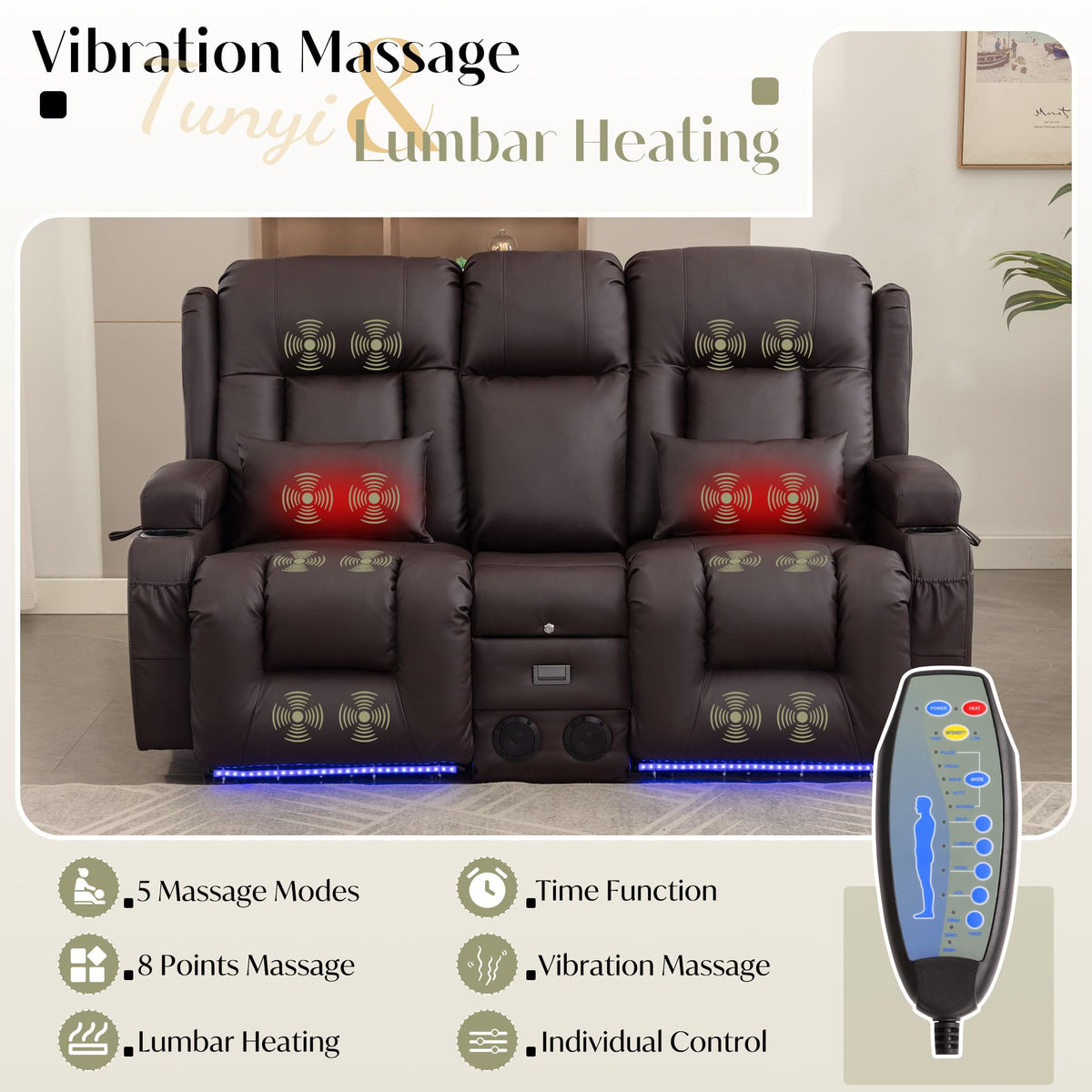 TUNYI Power Loveseat Recliner Sofa, Faux Leather Reclining Sofa with Console RV Reclining Loveseat Couch with USB/Outlet/Storage/Side Pocket/LED Light/Speaker (Brown, Loveseat)