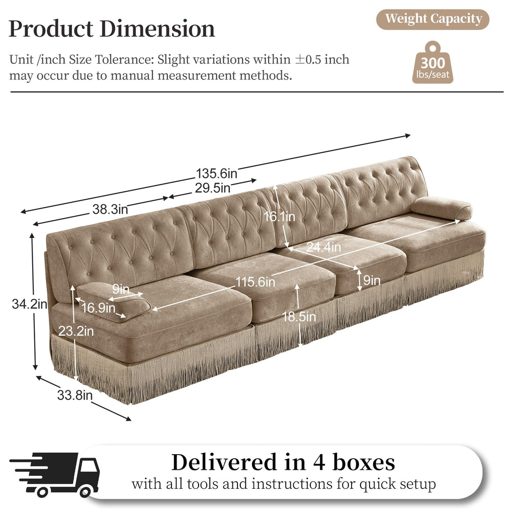 Velvet Modular Sectional Sofa, 135.6 Inch Chesterfield Style, Camel
