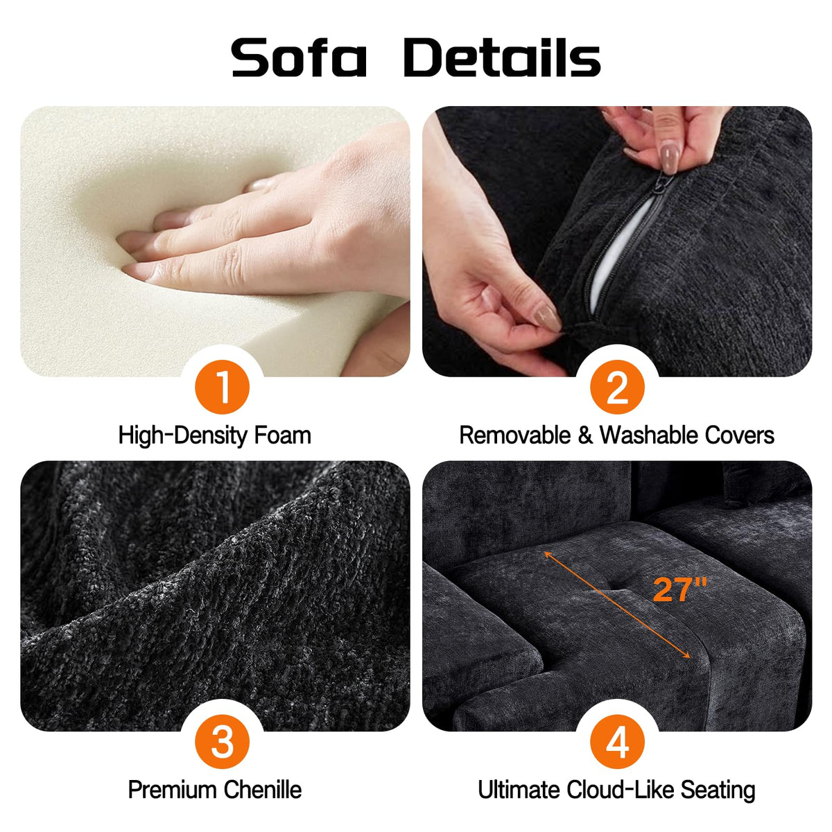 120" Cloud Couch Sectional, Boneless L-Shaped Sofa, Chenille Sofa, Black