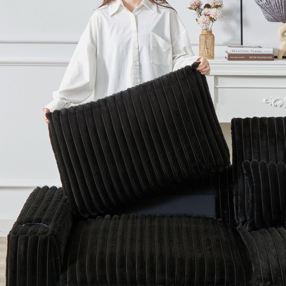 126 inch Corduroy with Cup Holder Super Large L Shaped Sofa, Movable Footrest, Four Waist Pillows and Four Back Cushion, with USB Port and Type C Port