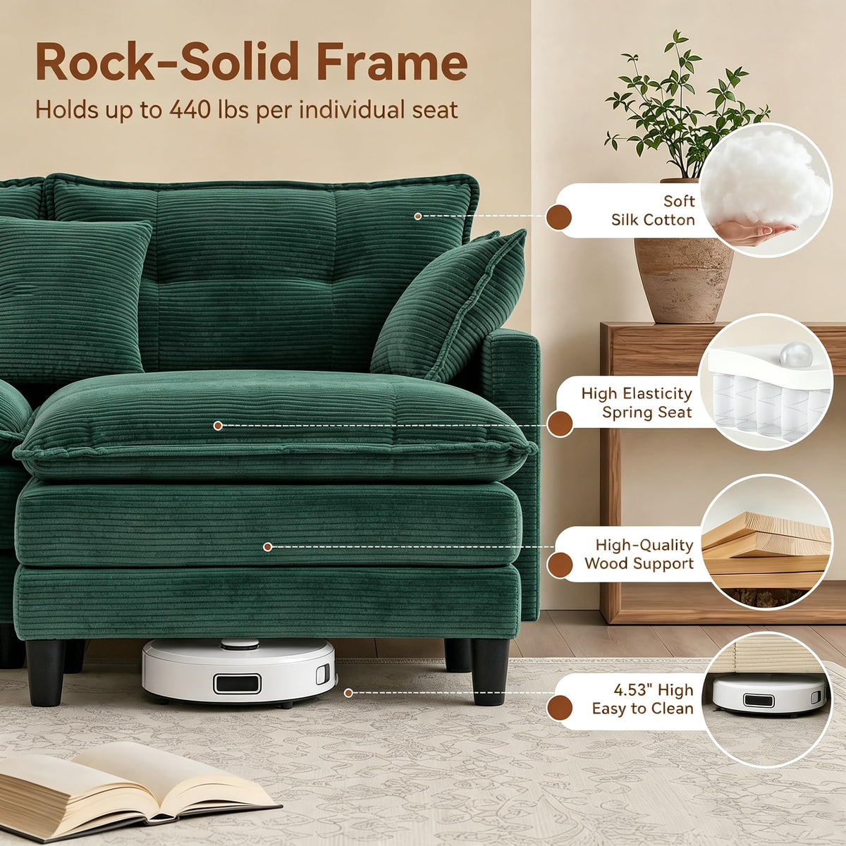107.3'' Oversized Cloud Couch L Shaped Modular Sectional Sofa, Premier Comfy Corduroy Couch with Ottoman, Modern 3 Deep Seat Sectional Couches for Living Room, Solid Wood Frame&Spring,Tool-Free Green