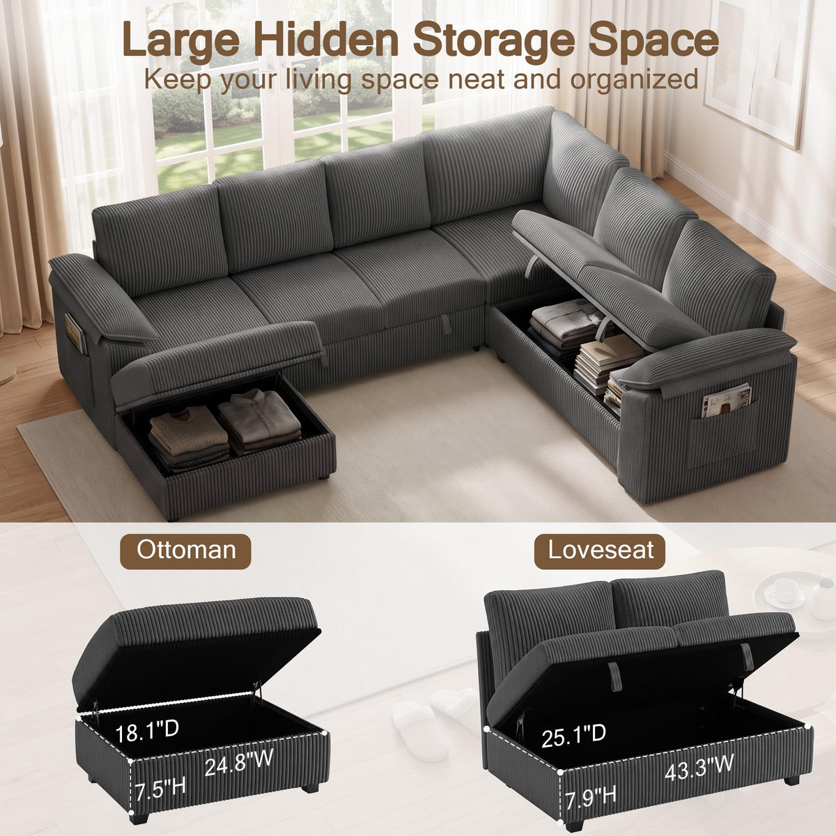 108" Modular Sectional Sofa with Pull Out Bed, L Shaped Sectional Couch