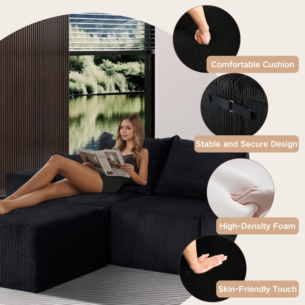 128" Premium Corduroy Deep Seat Chaise Lounge Indoor, Modern Boneless Compressed Floor Sectional Sofa with No Assembly, Free Combination Modular Cloud Sectional Sofa for Living Room, Black