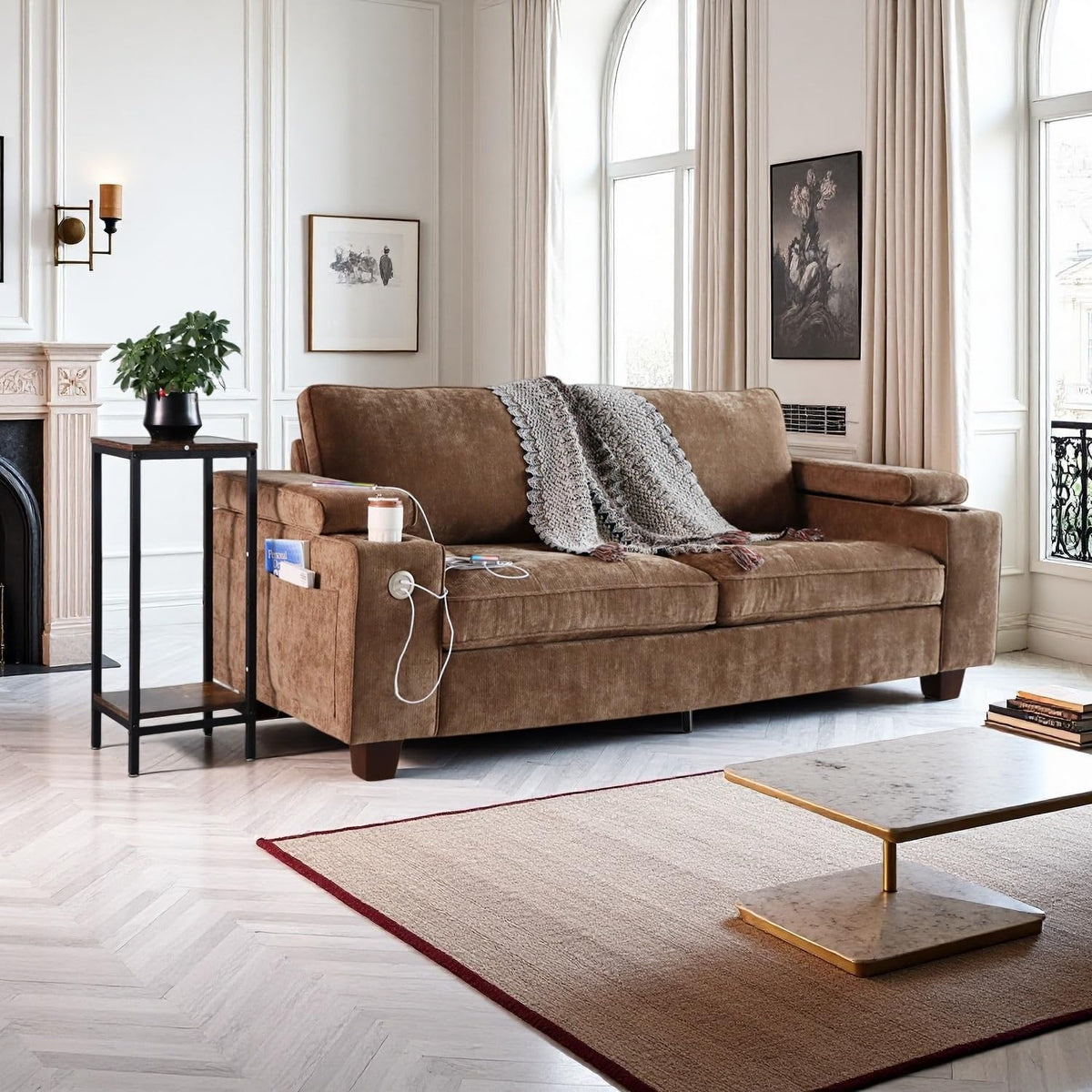 100" L Shaped Sectional Sofa with Hidden Armrest Storage, USB & Type-C Charging Ports, 4-Position Adjustable Armrests, Built-in Cup Holders, Upholstered Couch for Living Room, Brown