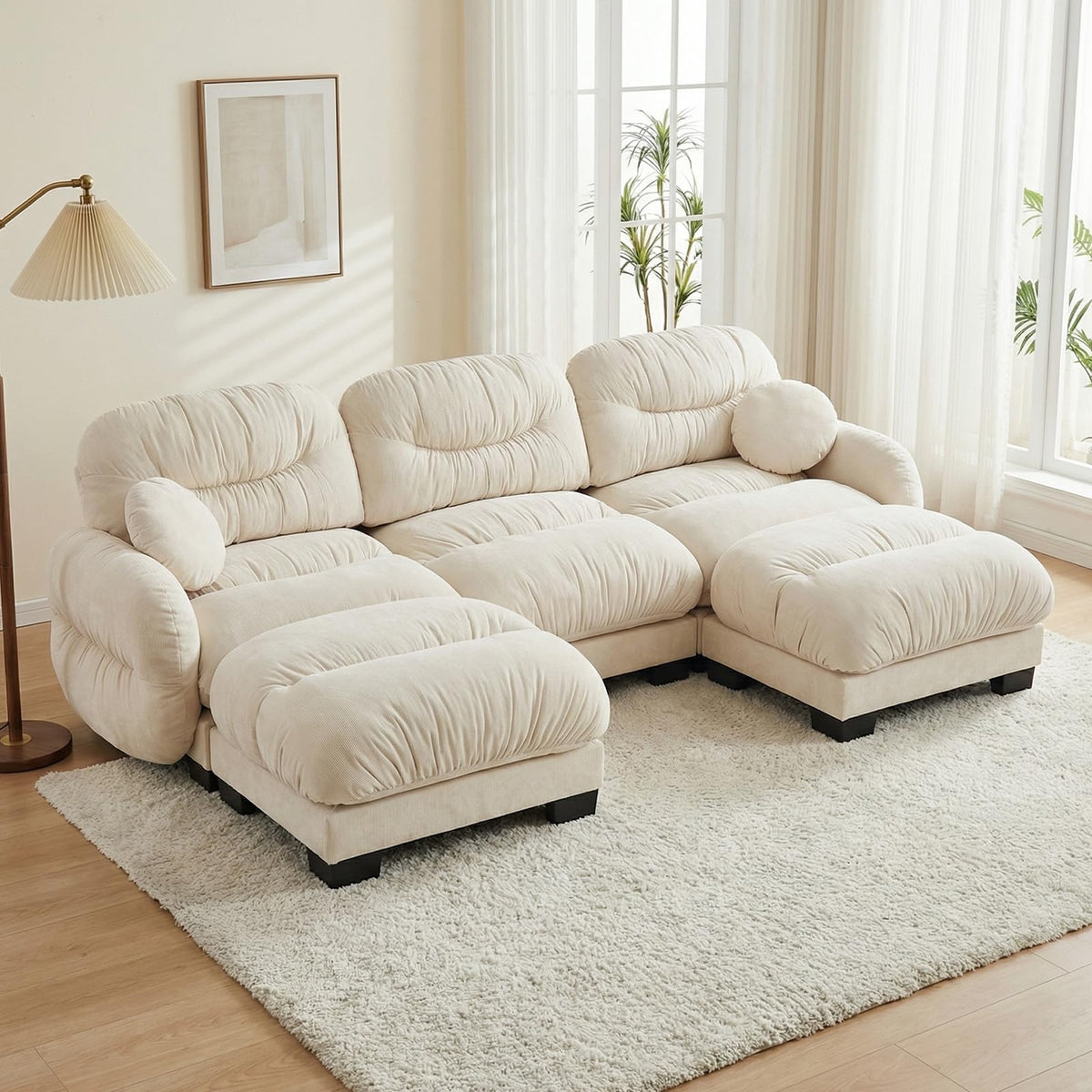 116" U Sectional Couches for Living Room, 3 Seater Modular Couch with 2 Ottoman, Cloud Sofa with Soft Chenille Fabric, High-Density Foam Cushion, Living Room Furniture, Beige