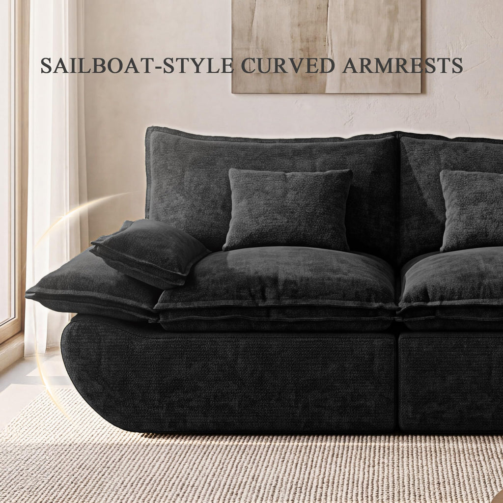 110" Cloud Sectional Couches for Living Room, Convertible L-Shape Couch with Ottoman, 3 Seater Modular Sectional Sofa, Boat-Shaped Fluffy Chenille Couch with Comfy Deep Seats, Black