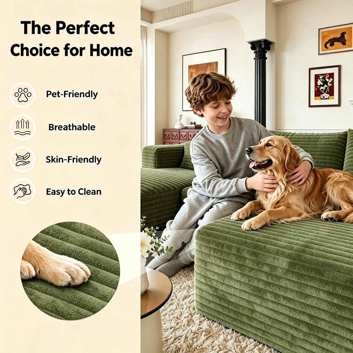 103" U Shaped Cloud Modular Boneless Sectional Couch Right Chaise, Green