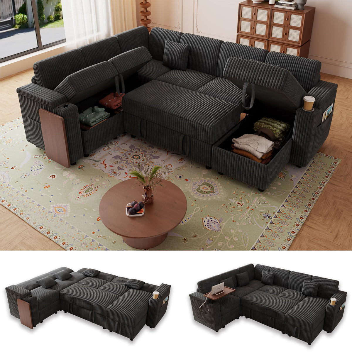 100'' Sectional Sleeper Sofa, Corduroy U Shaped Reclining Couch, Dark Gray
