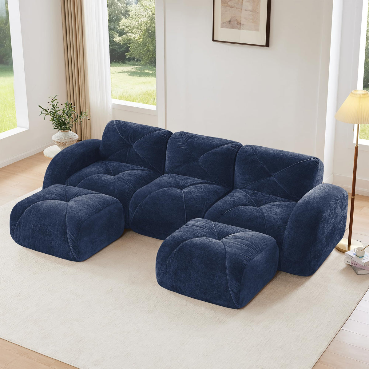 U-Shaped Boneless Sofa, Tufted 32d High Density Sponge Bottom, Anti-Slip Design, No Assembly Required, Free Combination, Movable Ottomans for Living Rooms, Home Theater, Blue