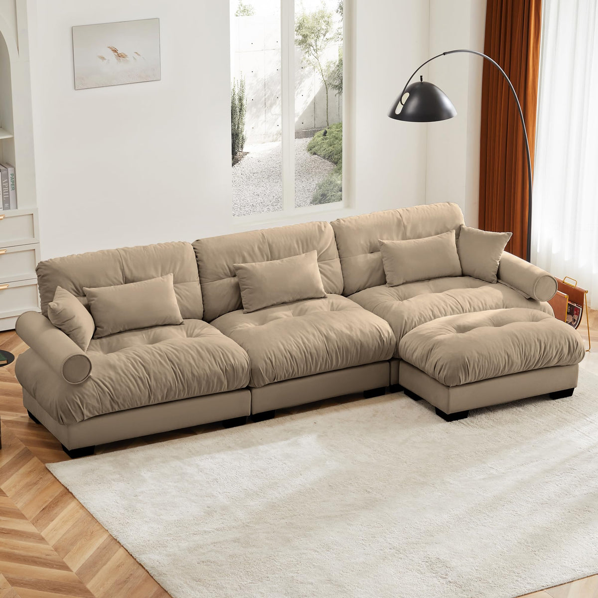 130" Modular Sectional Sofa,Velvet Upholstered Couches for Living Room,3 Seater Green Sofa Couch with Movable Ottoman,Big Comfy Loveseat Sofa with Deep Seats for Living Room,Apartment,Bedroom