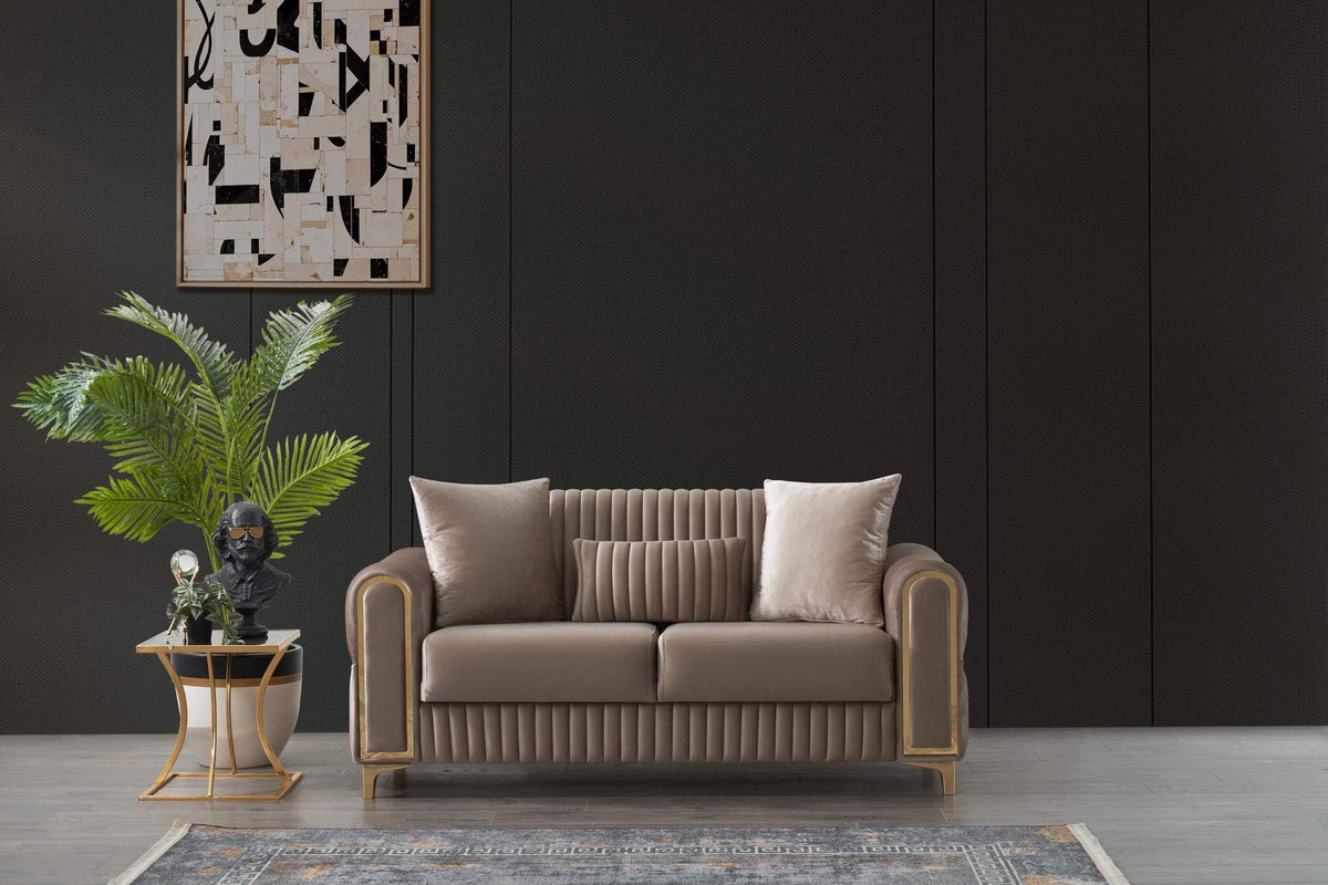 Velvet Upholstered Convertible Loveseat with Wood & Iron Frame in Taupe