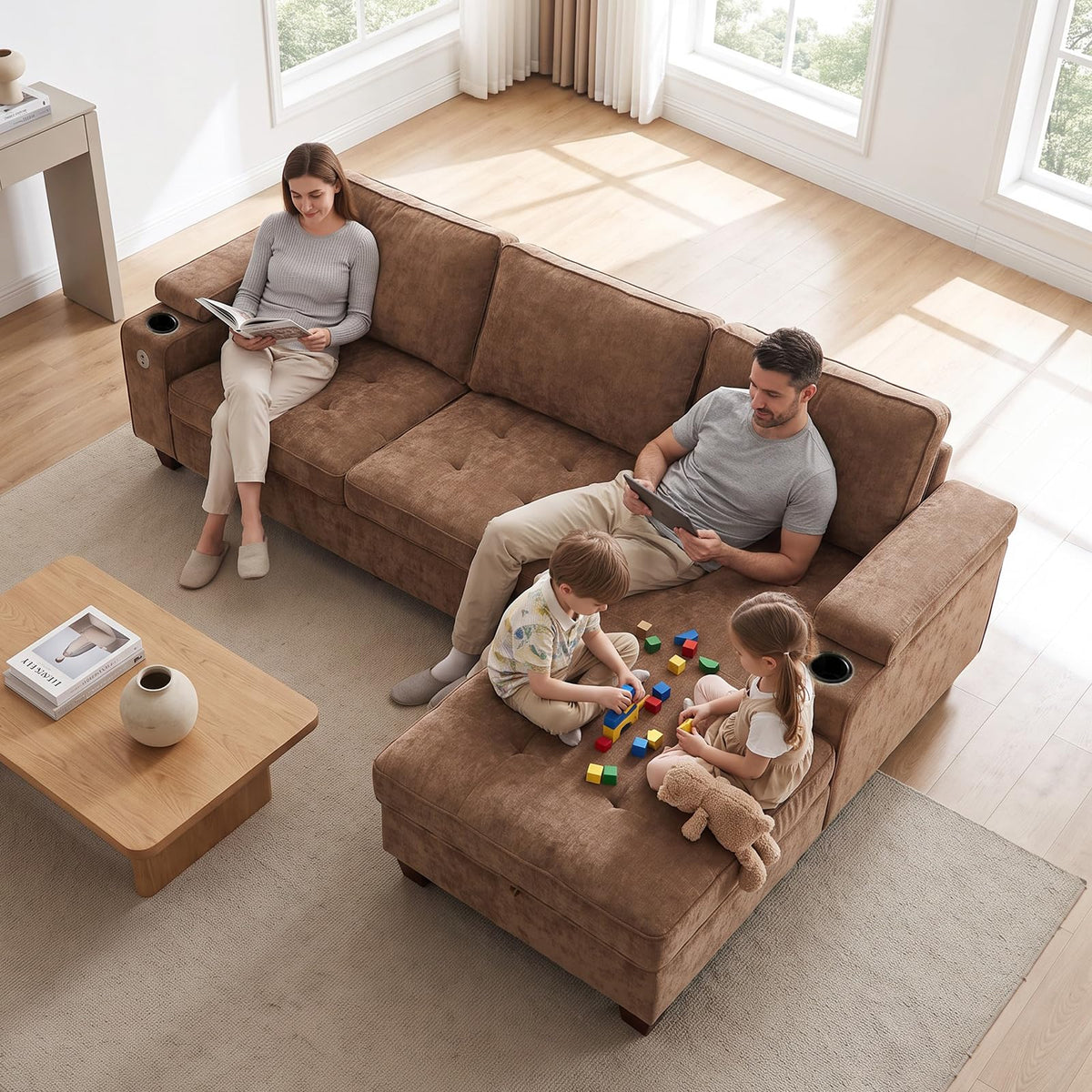 110" L Shaped Modern Couch with Storage with Adjustable Armrest Cup Holders USB & Type-C Ports Couch for Living Room and Small Spaces,Brown