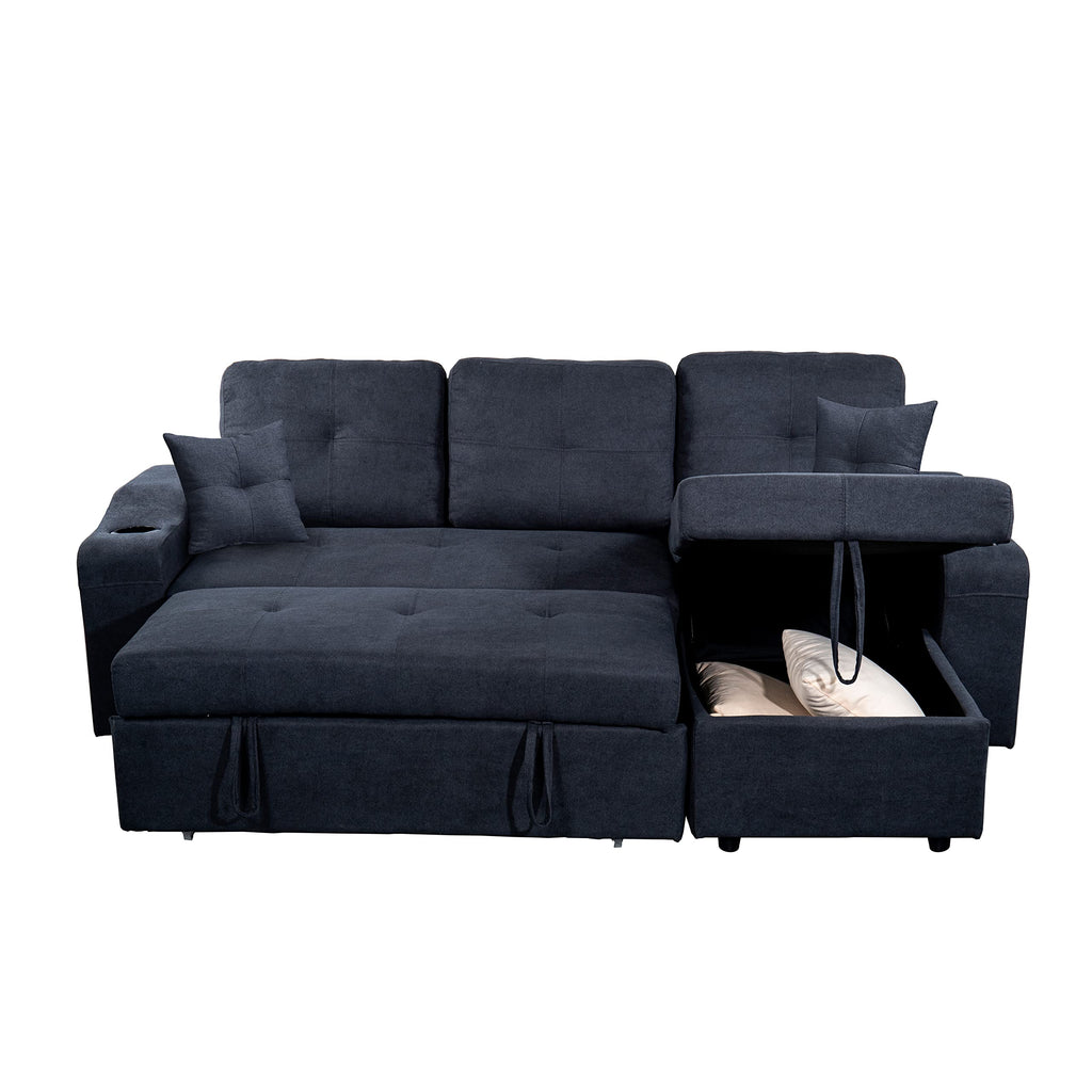 Tidyard Right-Facing Sectional Sofa with Footrest, Convertible Corner Couch with Storage Armrest, Pull-Out Sofa Bed, Double Cup Holders, Dark Grey, Modern Living Room Furniture