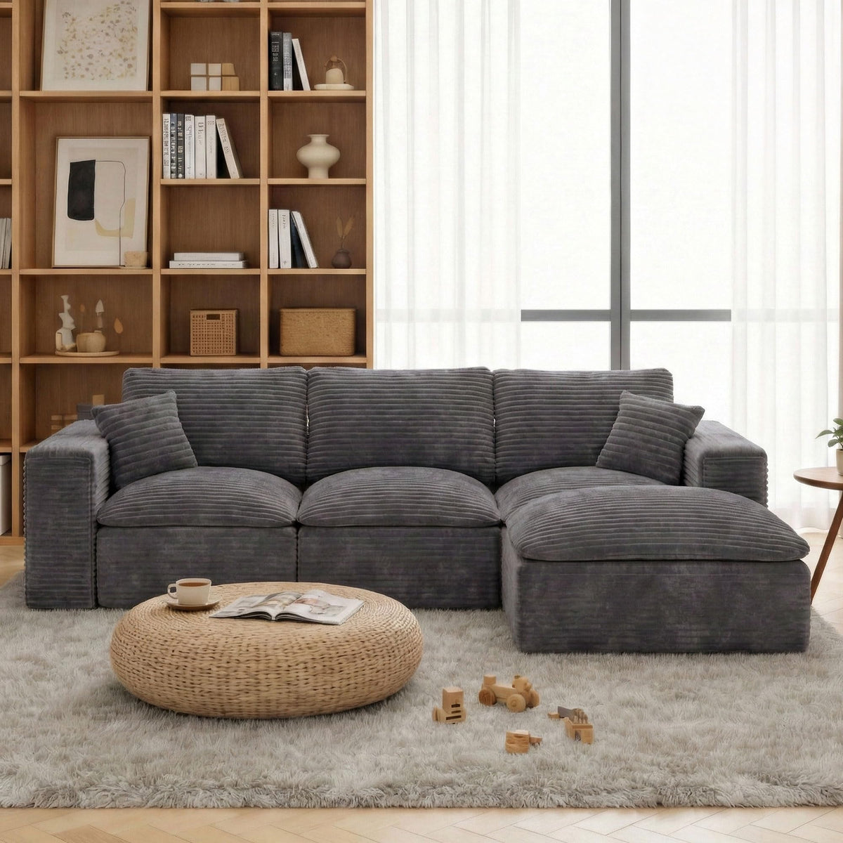 108" Cloud Sectional Sofa, L-Shape Modular Couch with Chaise & Ottoman, Corduroy Fabric, Oversized Deep Seat Sofa, Interchangeable Sections for Living Room or Offices