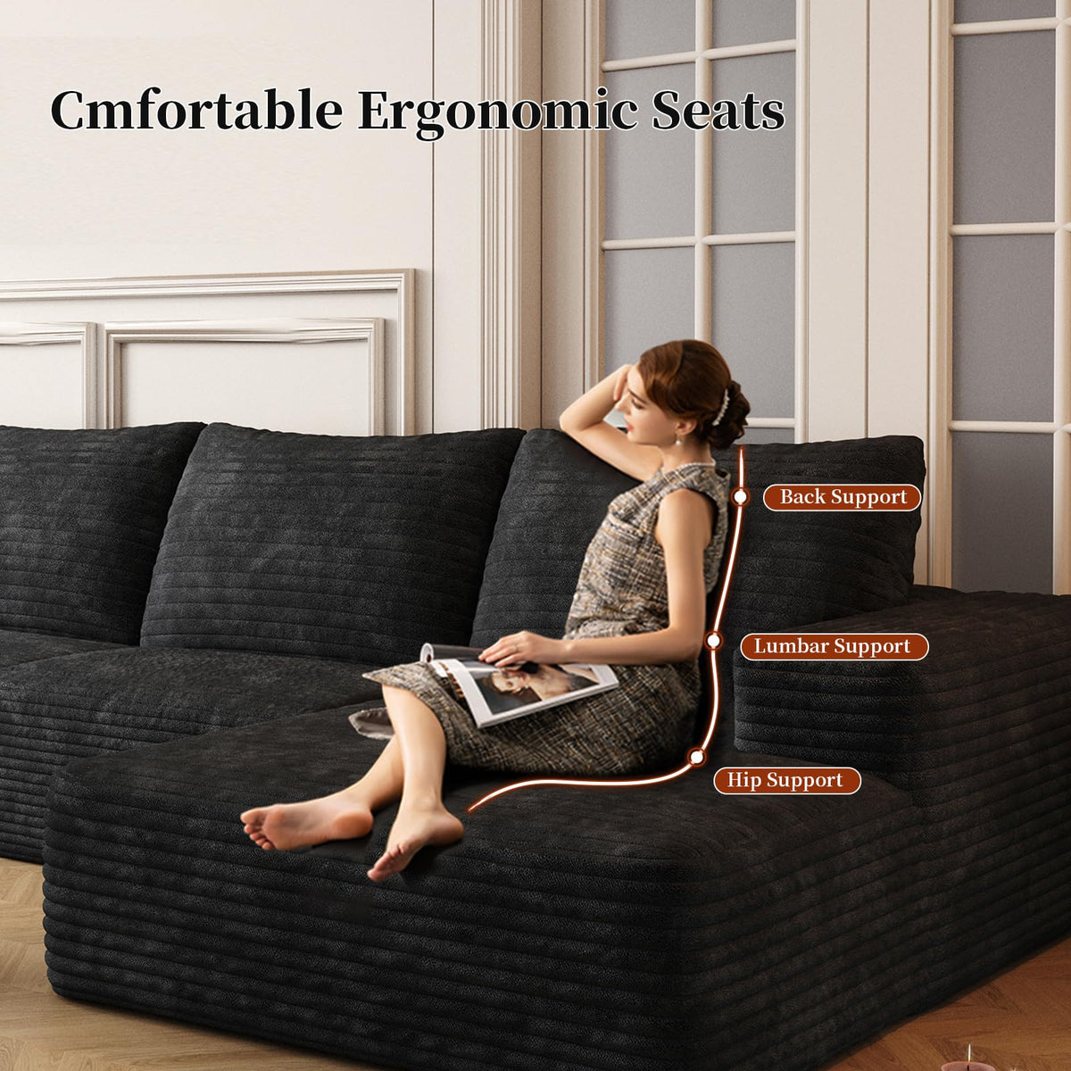 107" U-Shaped Cloud Sectional Couch with Ottoman for Living Room, Boneless Sofa, Compressed Sofa, No Assembly Required, Black Corduroy, Right Chaise