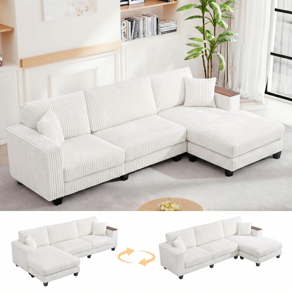 114" Cloud Sectional Couch with L-Shape Reversible Chaise, Modern Corduroy L Shaped Couch with 2 Pillows & Storage Armrests, 4 Seater Sectional Couches for Living Room, Plush Corduroy, White