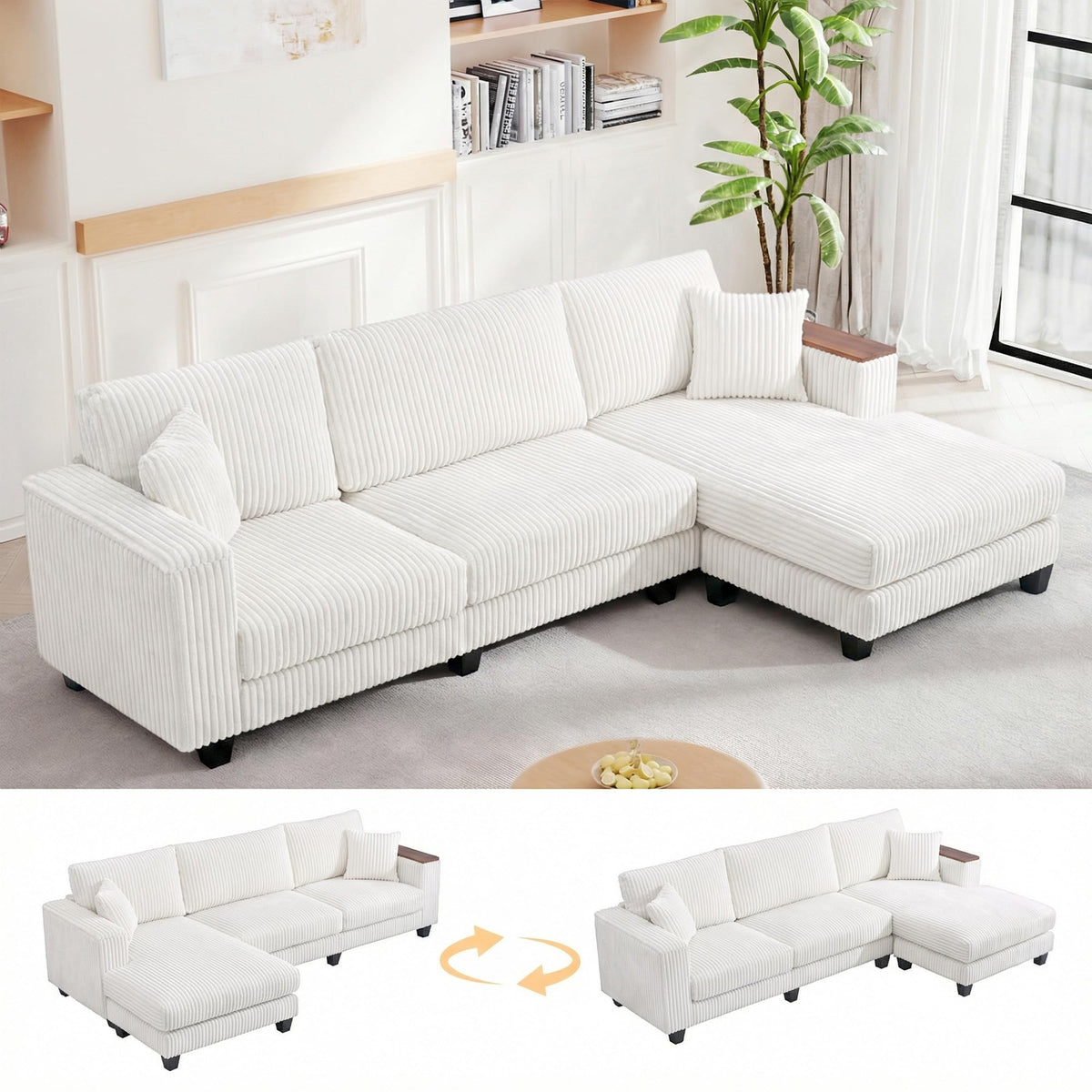 114" Cloud Sectional Couch with L-Shape Reversible Chaise, Modern Corduroy L Shaped Couch with 2 Pillows & Storage Armrests, 4 Seater Sectional Couches for Living Room, Plush Corduroy, White