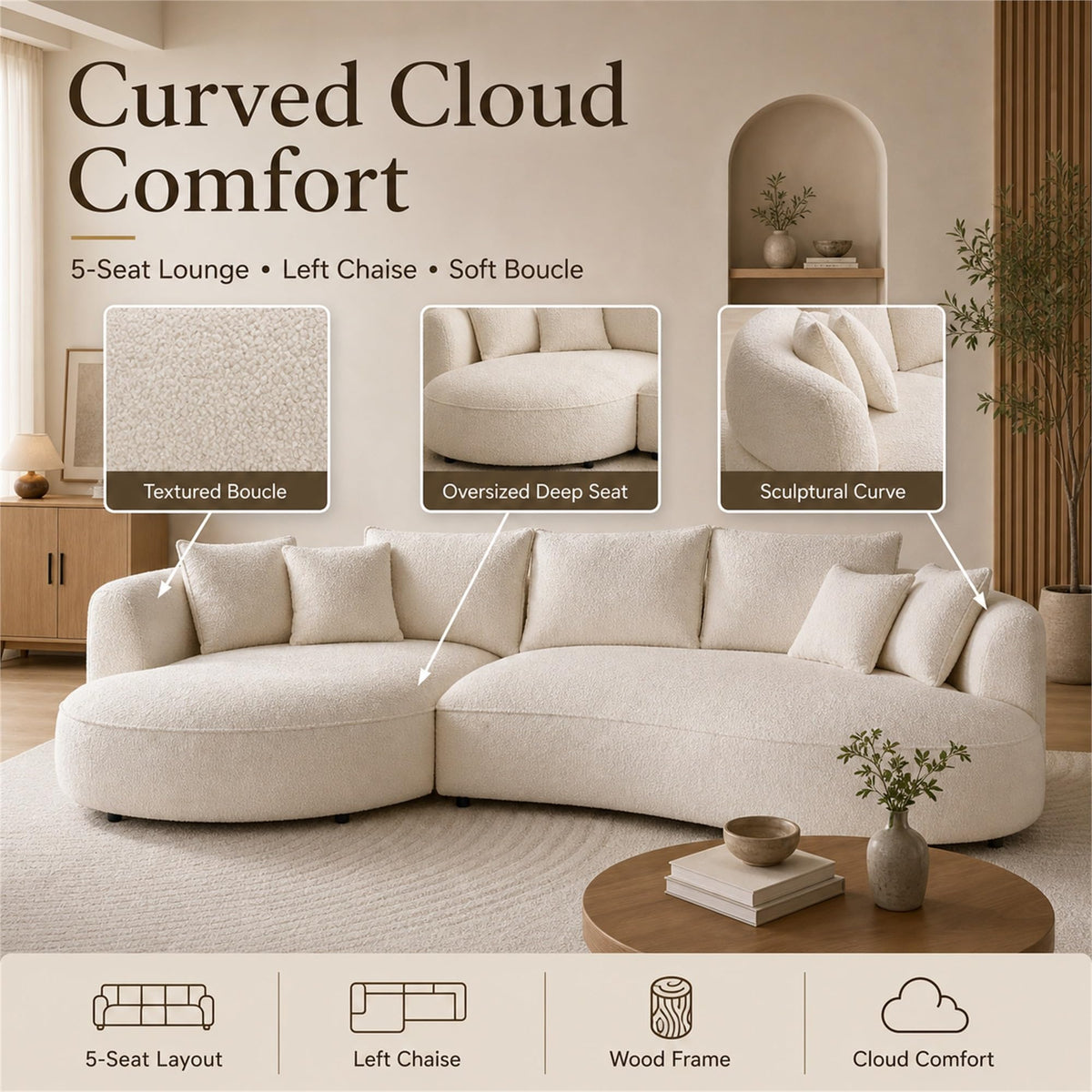 124.8" Beige Curved Boucle Sectional Sofa, 5 Seat Left Facing Chaise