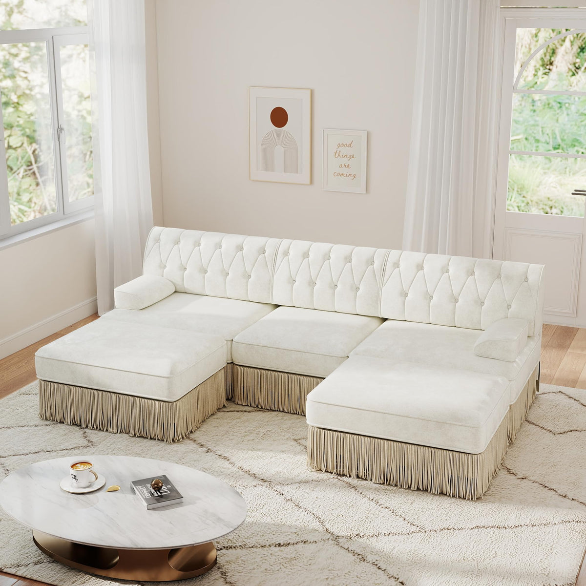 Unique Chesterfield Style Modular Sectional Sofa, 135.6” L-shaped Boneless Sofa with Velvet Fabric, Floor-grazing Tassel Fringe Skirt and Button Tufted Design for Living Room, Easy to Assemble, Beige